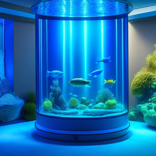 A futuristic, sleek, and modern aquarium with various species of fish swimming around a central, cylindrical, automated feeder dispensing precise amounts of food, surrounded by soft, blue LED lights.