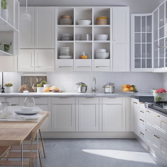 A bright, modern kitchen with sleek, white cabinets, featuring a mix of pull-out drawers, adjustable shelves, and cleverly hidden compartments, with a few kitchen utensils and cookware tastefully arranged.