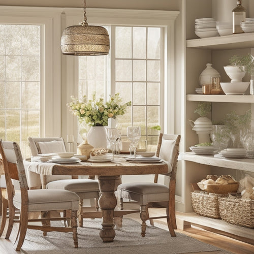 A cozy dining nook featuring a stylish corner cabinet, filled with elegant dinnerware sets, shining porcelain plates, and sparkling glassware, all bathed in warm, natural light, surrounded by a rustic wooden table and soft, inviting decor.