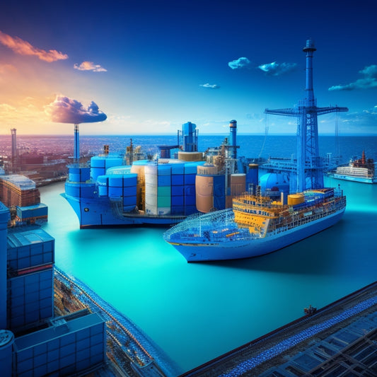 An illustration of interconnected gears and puzzle pieces in shades of blue, symbolizing harmony and efficiency, with a subtle globe outline in the background, surrounded by faint icons of ships, trucks, and factories.