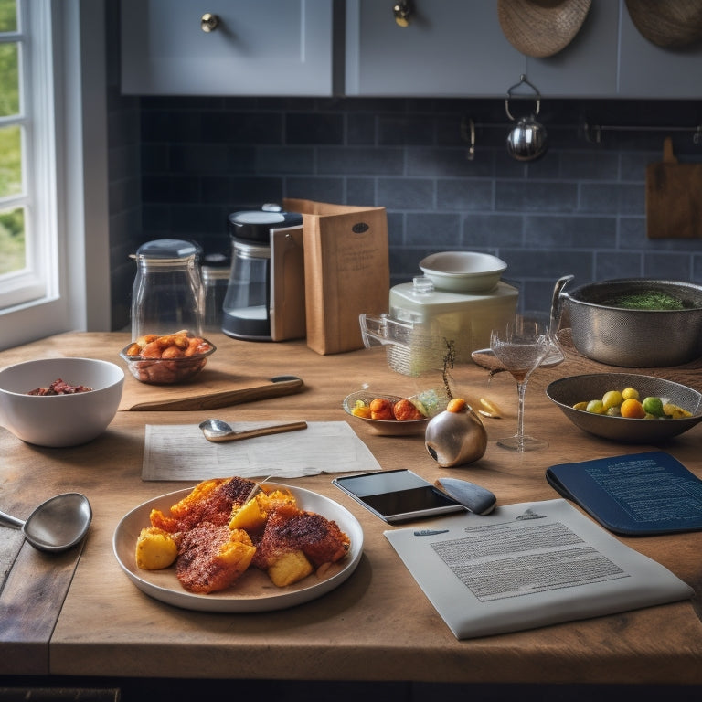 A cluttered kitchen counter with scattered recipe papers, a few utensils, and a tablet or smartphone displaying a digital kitchen cheat sheet with interactive editing tools and a digital signature box.