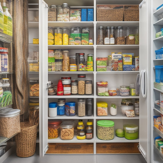 A cluttered kitchen pantry with stacks of precariously balanced containers, tangled cords, and expired food items spilling out, contrasted with a tidy pantry in the background featuring adjustable shelves and neatly organized bins.