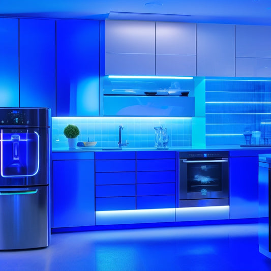 A modern kitchen with sleek, high-gloss cabinets and polished countertops, featuring a futuristic dishwasher with glowing blue LED lights, futuristic buttons, and a large, circular touchscreen display.