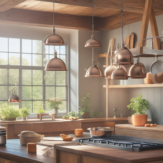 A sleek, stainless steel ceiling pot rack suspended above a vibrant, open kitchen, showcasing hanging copper pots and pans, surrounded by a rustic wooden island, bright natural light streaming through large windows.