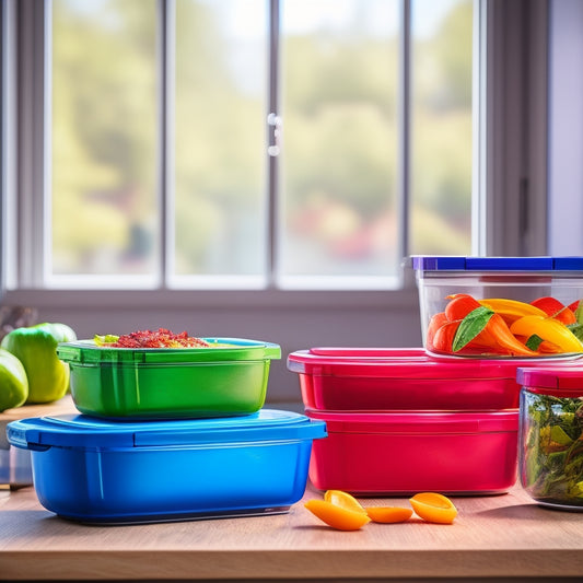 A vibrant kitchen scene showcasing sleek stackable containers filled with colorful meal prep ingredients, arranged neatly on a countertop beside fresh vegetables and a cutting board, bathed in warm natural light.