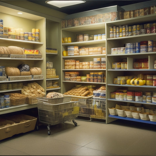 A warm and inviting scene of a college campus food pantry, with shelves stocked with fresh produce, canned goods, and baskets filled with bread, amidst a subtle background of Temple College's colors.