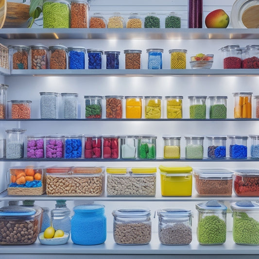 A brightly lit kitchen featuring neatly organized sliding pantry drawers filled with clear containers, labeled jars, and vibrant fruits, showcasing a harmonious blend of colors and textures, emphasizing accessibility and efficiency in storage.