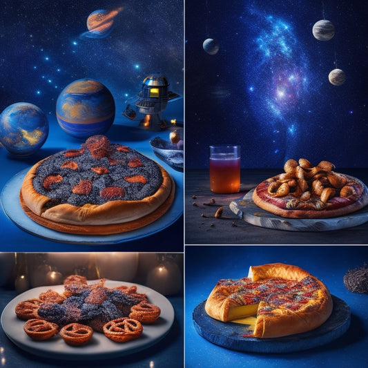 A starry night sky with vibrant, swirling nebulae, surrounded by floating Star Wars-inspired food and drinks, including a Death Star pizza, lightsaber pretzels, and a Millennium Falcon spaceship cake.