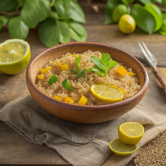 A warm, golden-brown quinoa bowl surrounded by lush green leaves, a few sliced lemons, and a sprinkle of sesame seeds, all set against a rustic wooden background with a subtle natural light glow.
