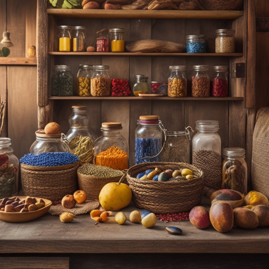 A rustic wooden shelf with rows of glass jars filled with vibrant, dehydrated fruits and vegetables, surrounded by a survivalist's essentials: a first-aid kit, compass, and camouflage backpack.