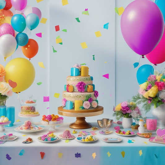 A colorful, whimsical illustration of a bridal shower and baby shower merged together, featuring balloons, flowers, and confetti, with a giant game die and playing cards scattered around.