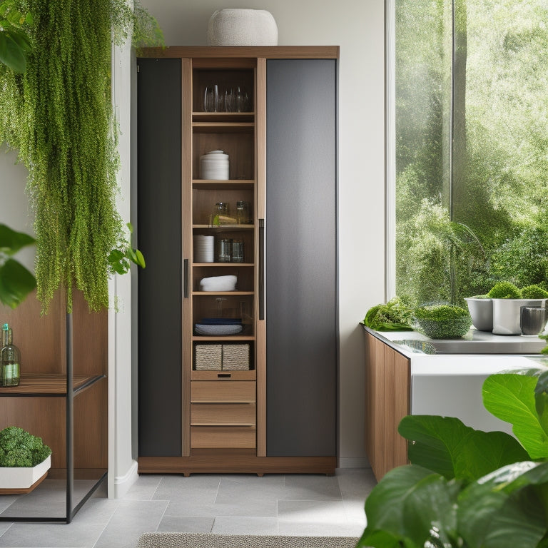 A sleek, modern freestanding pantry unit with an elegant dish drainer, surrounded by lush greenery, soft natural lighting, showcasing polished wood and stainless steel finishes, harmonizing functionality and style in a chic kitchen setting.