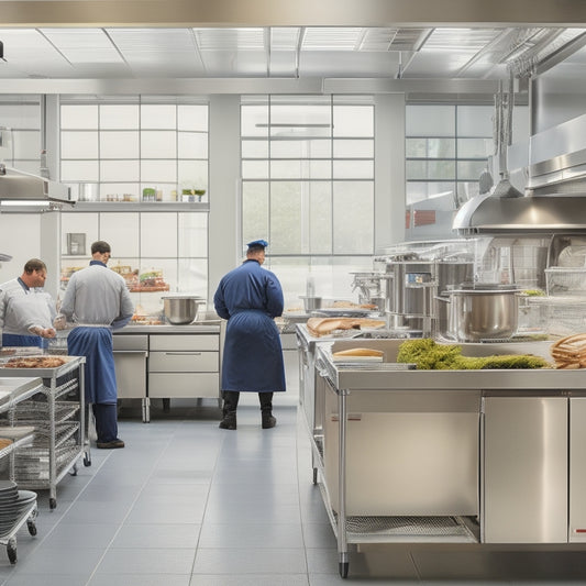 A tidy commercial kitchen with stainless steel countertops, utensils hung on a pegboard, and labeled storage bins on shelves, with a few chefs in the background efficiently preparing meals.