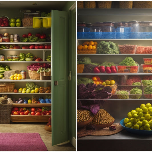 A split-screen image featuring a cluttered, dimly lit pantry on the left, with expired and wilted produce, versus a bright, organized pantry on the right, with colorful, fresh fruits and vegetables stored in labeled containers.