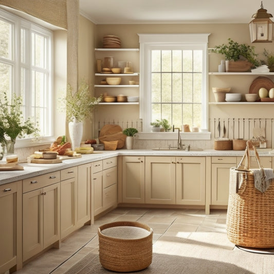 A serene kitchen with cream-colored cabinets, a large island with built-in utensil organizers, a wall-mounted pot rack, and a few, strategically placed, woven baskets, all bathed in warm, natural light.