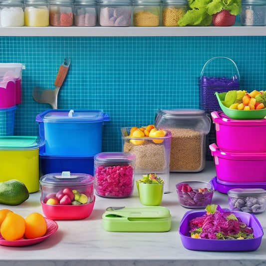 A colorful, neatly organized kitchen countertop with 5-7 different meal prep containers of various sizes, shapes, and materials, surrounded by fresh fruits, vegetables, and a few kitchen utensils.