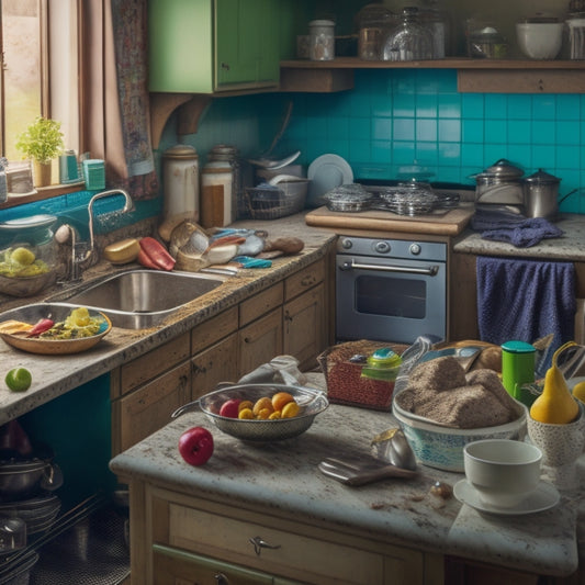A cluttered kitchen scene with a sink piled high with dirty dishes, countertops littered with appliances and expired food, and a messy island with open cookbooks and scattered utensils.