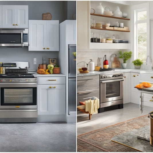 A bright and modern kitchen with various appliances, including a stainless steel refrigerator, a gas range with burners lit, and a stand mixer on a marble countertop, surrounded by open cookbooks and utensils.