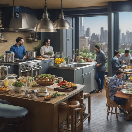 A bustling kitchen with multiple stations, each with a different entrepreneur preparing unique dishes, amidst stainless steel appliances, wooden utensils, and vibrant colors, surrounded by bustling cityscape outside.