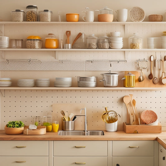 A bright, modern kitchen with organized shelves, a pegboard with hanging utensils, a tiered spice rack, and a pull-out cabinet organizer, all in a warm, neutral color scheme with plenty of natural light.