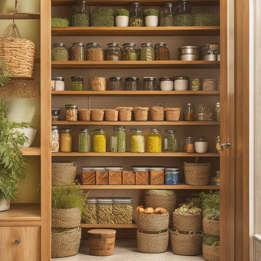A beautifully organized pantry featuring a sleek, wooden Lazy Susan cabinet. Lush green herbs in small pots, colorful spices in glass jars, and neatly arranged canned goods create an inviting and functional space.