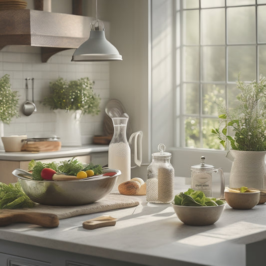 A serene kitchen scene with a few, thoughtfully arranged cooking utensils, a tidy white countertop, and a few healthy ingredients like fresh fruits and leafy greens, bathed in soft, warm morning light.