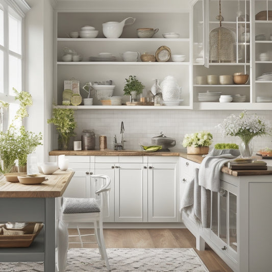 A tidy, white kitchen with a wooden island, featuring a built-in cookbook storage cabinet with glass doors, surrounded by a few cookbooks, utensils, and a vase with fresh flowers.