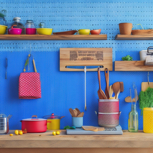 A vibrant kitchen countertop featuring a colorful pegboard filled with neatly arranged kitchen tools, pots, and spices. Brightly colored utensils hang alongside wooden cutting boards, creating an organized yet inviting cooking space.