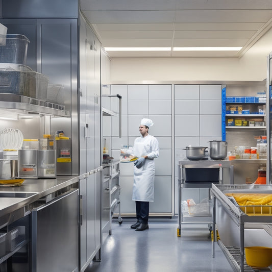 An image of a well-organized commercial kitchen with a fire extinguisher on the wall, a first aid kit on a shelf, and a worker wearing gloves and a hairnet, standing in front of a clean and tidy workstation.