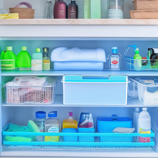 A neatly organized under-sink cabinet featuring tiered plastic bins, a pull-out drawer, and labeled baskets, surrounded by cleaning supplies and dish soap, all in a soft, bright kitchen setting with natural light.