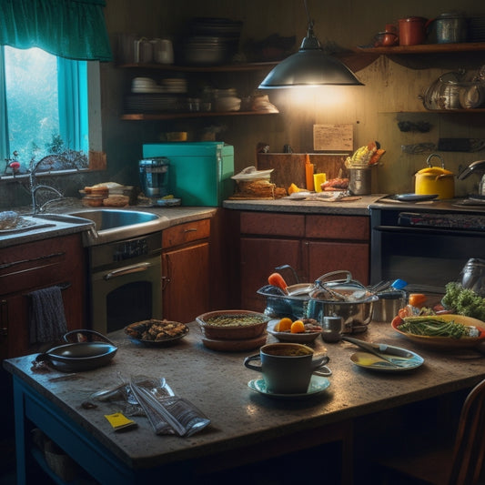 A dimly lit kitchen with cluttered countertops, piles of dirty dishes, and appliances covered in sticky notes, surrounded by a mess of utensils and expired food, with a faint sense of chaos and disorder.