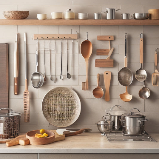 A tidy kitchen countertop with a stainless steel utensil holder, wooden spoon rest, and a wall-mounted pegboard, surrounded by neatly arranged cooking utensils and tools in a warm, natural light setting.
