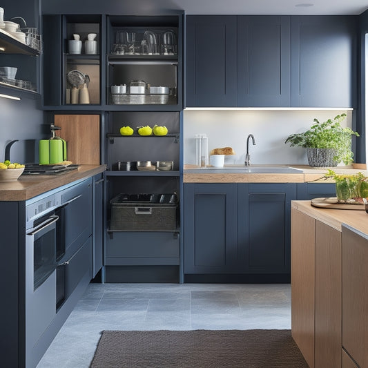 A sleek, modern kitchen with a built-in storage countertop, featuring a sliding drawer, utensil organizers, and a hidden trash can, surrounded by gleaming appliances and a few strategically placed kitchen utensils.