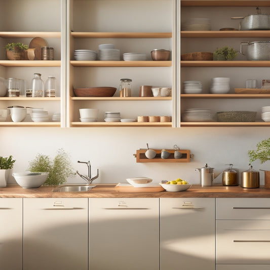 A modern kitchen featuring sleek, customizable adjustable shelf inserts filled with organized spices, cookbooks, and decorative dishes, set against crisp white cabinetry and warm wooden accents, illuminated by soft natural light.