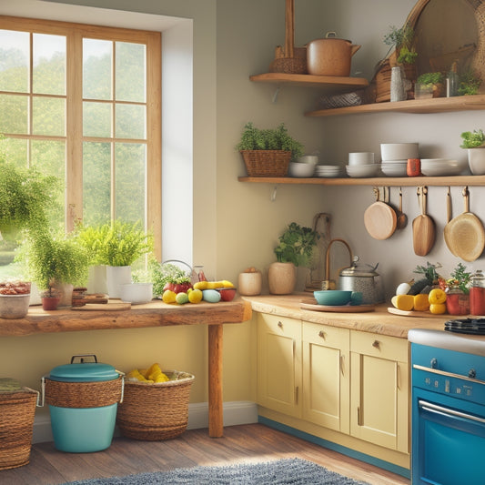 A cozy kitchen corner featuring a stylish, white corner cabinet filled with large, colorful pots and pans. Warm wooden accents and natural light streaming in enhance the inviting atmosphere.