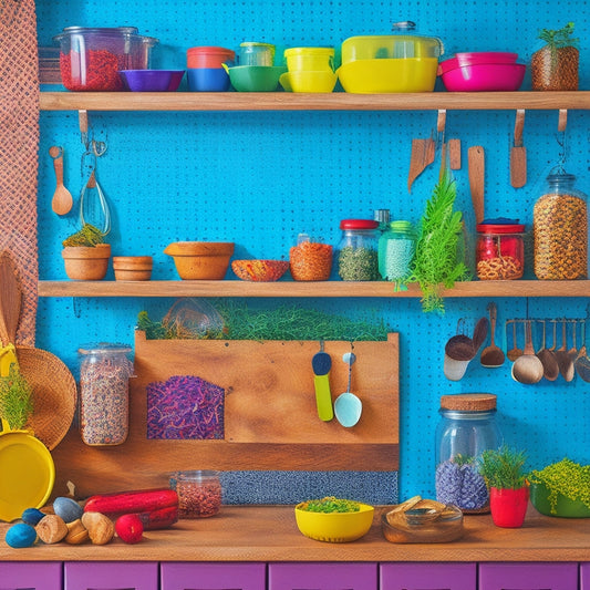 A vibrant kitchen scene featuring a pegboard wall adorned with neatly organized pantry items: colorful jars, wooden spoons, and herbs hanging in decorative pots, all set against a warm, inviting backdrop of rustic cabinets.