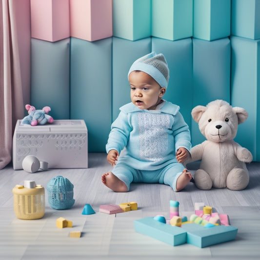 A soft, pastel-colored background with a subtle baby block pattern, featuring a prominent onesie with a laptop and a arrow pointing upwards, surrounded by scattered baby toys and blocks.