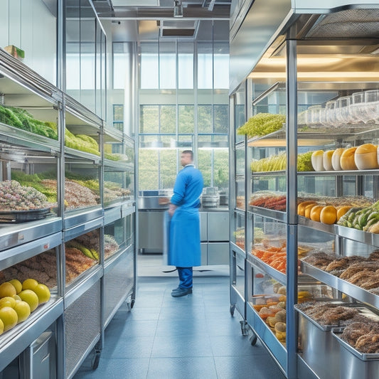 A bustling commercial kitchen with a sleek, modern aesthetic, featuring a wall of vertically stacked, transparent containers, and a chef efficiently storing fresh produce in a pull-out drawer.