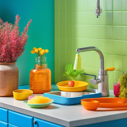 A neatly arranged kitchen sink area featuring a stylish dish rack, vibrant sponges in a colorful holder, clear soap dispensers, and a small potted herb, all set against a clean, bright backsplash.