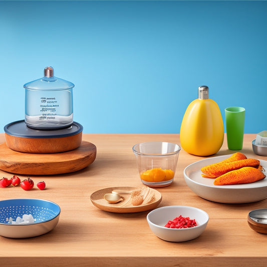 A still life composition featuring a variety of portion control aids, including a set of measuring cups, a food scale, and a plate with divided sections, on a clean, light-wood background.