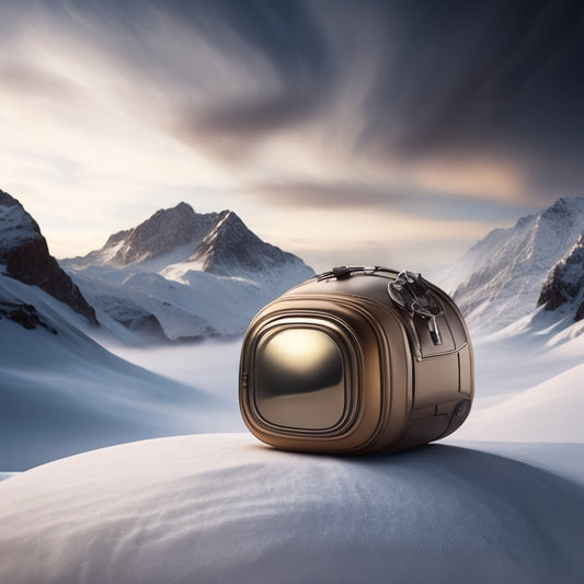A futuristic, sleek electric thermal bag with a metallic finish, surrounded by swirling mist, sits atop a rugged, snow-capped mountain, with a subtle glow emanating from within.