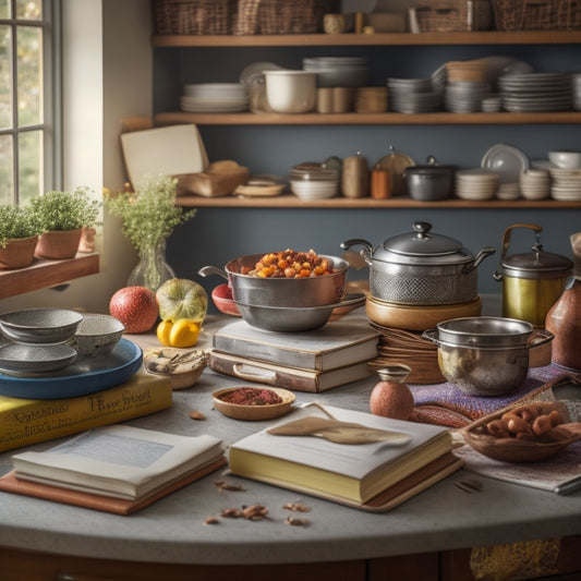 A cluttered kitchen countertop with stacks of cookbooks in various sizes, some lying open, others with pages bent, surrounded by scattered utensils, recipe cards, and a few kitchen gadgets.