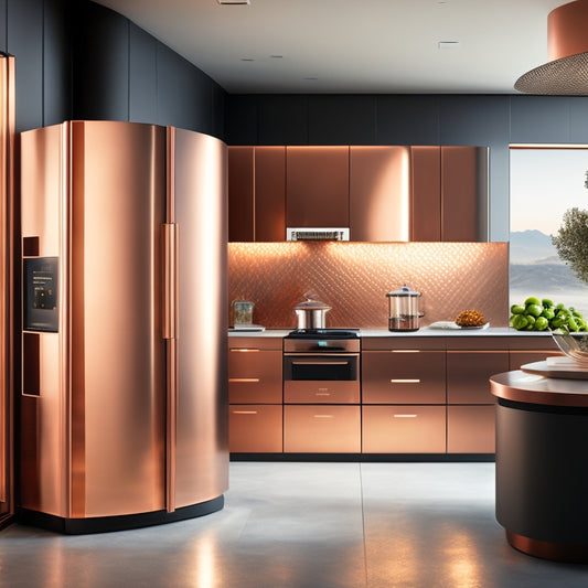 A futuristic kitchen backdrop with sleek, high-gloss appliances in metallic finishes, including a smart refrigerator with a touchscreen display and a stainless steel range with copper accents.