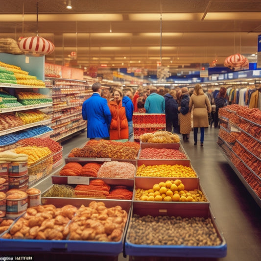 A bustling retail store with shelves stacked high with canned goods, baskets overflowing with dried fruits and nuts, and rows of shiny new water bottles, surrounded by happy shoppers with filled carts.