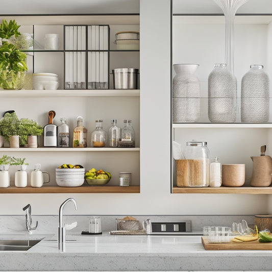 A bright, modern kitchen with sleek, minimalist cabinets, showcasing a mix of clear glass and wooden shelves, adorned with neatly arranged cookbooks, decorative vases, and a few carefully placed kitchen utensils.