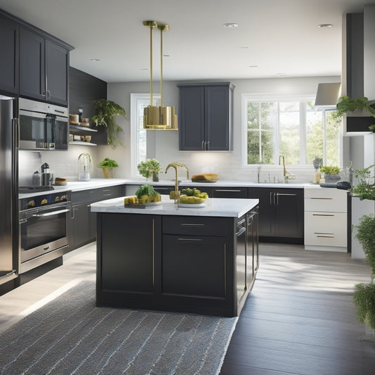 A sleek, modern kitchen featuring easy-to-install modular units, showcasing elegant cabinetry, a spacious island, integrated appliances, and vibrant decor, all bathed in natural light, highlighting functionality and style.