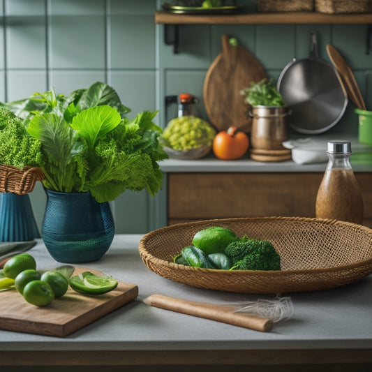 A serene kitchen counter with a wooden cutting board, a wire basket filled with fresh produce, a calendar, and a few cookbooks, surrounded by a few utensils and a small vase with a single green stem.