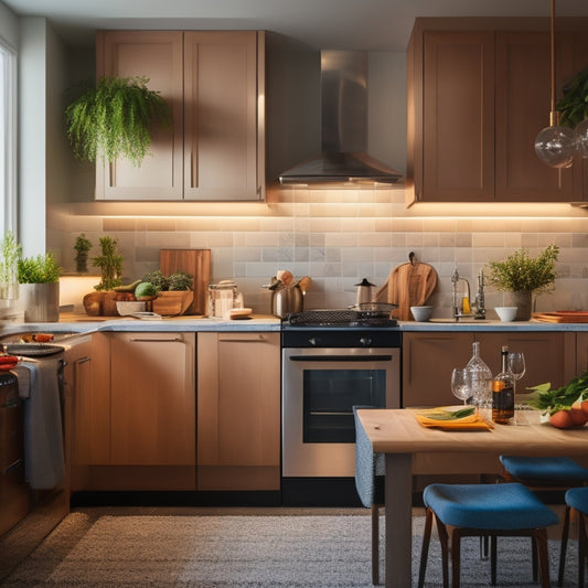 A cozy kitchen scene showcasing elegant under-cabinet lighting illuminating sleek countertops, showcasing stylish utensils and vibrant ingredients, with warm tones and soft shadows creating an inviting ambiance in a modern rental apartment.