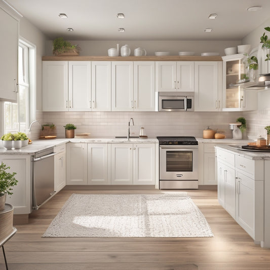 A modern kitchen with creamy white cabinets, stainless steel appliances, and light hardwood flooring, featuring a set of three open shelving units with wooden dowel rods and minimalist metal brackets.