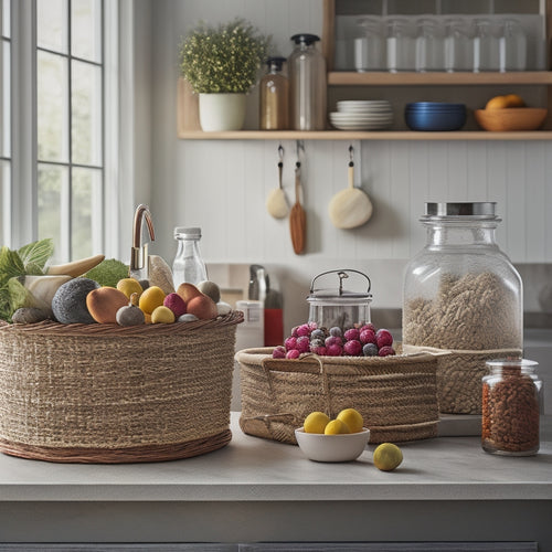 A stylish kitchen countertop adorned with various storage solutions: elegant jars filled with spices, a tiered fruit basket, a wooden knife block, and decorative baskets, all set against a warm, inviting backdrop.